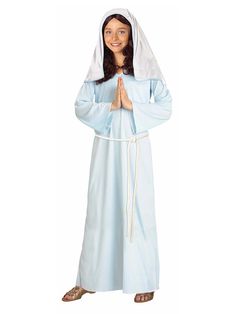 The Bible is full of important figures, and among women, there's nobody more sacred than Mary, the mother of Jesus. Your daughter can depict the Blessed Mother with elegance and grace wearing this Mary Child Costume. Drawing influence from classic works of art depicting Mary, this outfit is perfect for a religious nativity or passion play. It includes a long baby blue robe, a white rope belt, and a headpiece. The robe is designed to float away from the body with wide billowing sleeves. The white Virgin Mary Costume, Mary Costume, Nativity Costumes, Biblical Times, The Blessed Mother, White Veils, White Rope, Rope Belt, Up Costumes