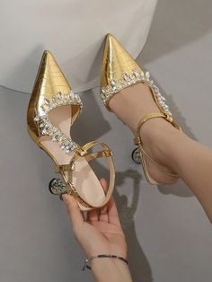 Rhinestone Chic: Women's Pointed Toe High Heel Shoes for All Seasons Gold Pointed Toe Heels With Bling, Gold Heels With Rhinestones In Synthetic Material, Gold Synthetic Heels With Rhinestones, Chunky Heels Casual, Elegant Pumps, Strap Wedge, Strappy Wedges, Summer Chic, Casual Sandals