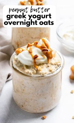 two jars filled with overnight oatmeal and topped with whipped cream, nuts