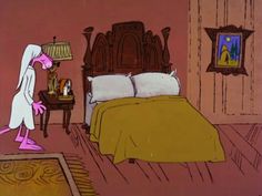 an animated pinkie is standing in front of a bed