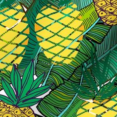 a painting of pineapples and leaves on yellow background