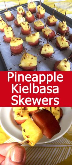 pineapple keebbasa skewers on a white plate with a red and yellow background