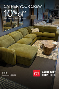 an advertisement for a furniture store featuring a large sectional couch and round coffee table in front of a mirror