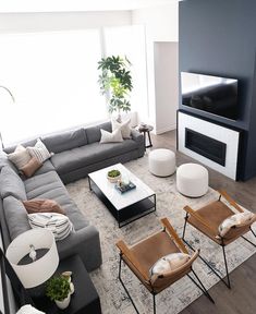 a living room filled with furniture and a flat screen tv mounted on the wall above it