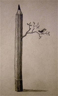 a pencil drawing of a tall pole with a bird on it's side and a tree in the background