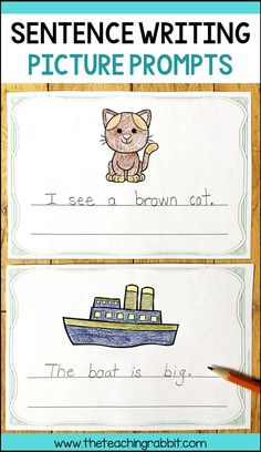 two sentence writing pictures with the words, i see a brown cat and boat