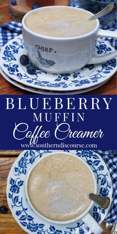 blueberry muffin coffee creamer in a white and blue bowl