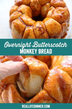 a close up of a monkey bread bun on a plate with the words overnight butterscotch monkey bread