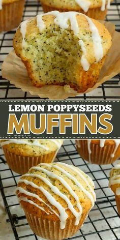 lemon poppy seed muffins with white frosting on top and in the middle