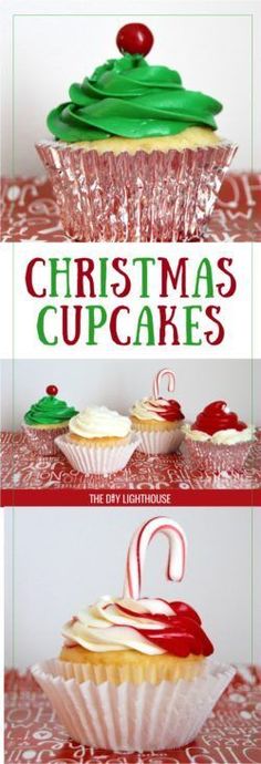 christmas cupcakes with icing and candy canes on top are shown in three different ways