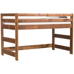 a wooden bunk bed with a white mattress on it's top and bottom shelf