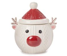 a white ceramic container with a red nose and hat