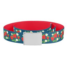 Strawberry and Flowers Blue Pattern Belt, Adult Unisex, Size: Large, Orange Red / Light Green / Ivory Strawberry And Flowers, Fall Leggings, Flowers Blue, Belt Shop, Suspender Belt, Dog Bowtie, Red Light, Blue Pattern, Leggings Fashion