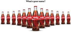 a group of coca - cola bottles with labels on them that say, what's your name?