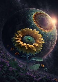 a painting of a sunflower in the middle of a field next to a moon