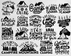 camping and camp related typograms are shown in black on a white background