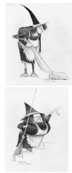 two drawings of an animal dressed as a witch and a cat with a broom in its mouth