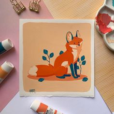 a painting of a fox sitting on top of a table next to paintbrushes