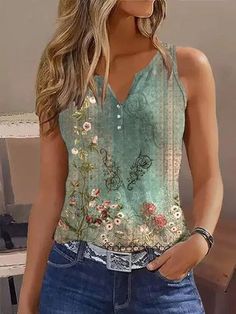 Top Neckline, Floral Clothing, Tops For Women Casual, Holiday Tops, Elegante Casual, V Neck Tank Top, Style Basic, Styl Boho, Floral Theme