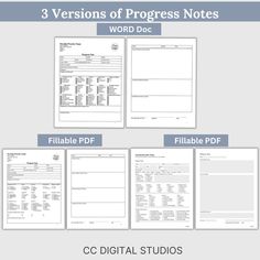 three versions of progress notes for word docc and flotable ppf with the title