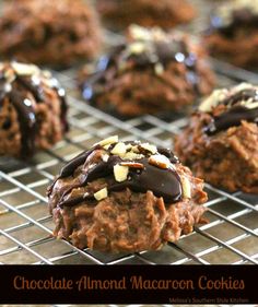 chocolate almond macaroon cookies on a cooling rack