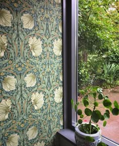 a potted plant sitting on a window sill in front of a wall paper