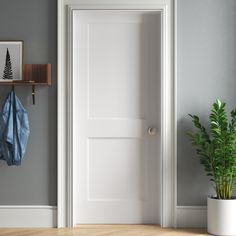 an open door with a potted plant next to it on a wooden floor in front of a gray wall