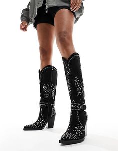 Simmi London Delano butterfly embellished western boot in black micro | ASOS Embellished Snip Toe Boots For Fall, Western Style Moto Boots For Winter Party, Fall Embellished Snip Toe Boots, Western Boots With Rhinestone Rivets For Winter, Western Boots With Rhinestone Rivets, Western Winter Boots With Rhinestone Rivets, Embellished Black Heeled Boots For Fall, Black Embellished Heeled Boots For Fall, Western Boots With Rhinestone Rivets For Fall