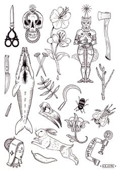 an ink drawing of various items and things that are in the shape of people's heads