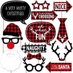 christmas photo booth props with santa claus and reindeers on them, including red and black plaid