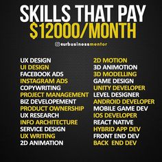 a black and yellow poster with the words skills that pay $ 120 / month