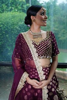 Shop for Avnni Kapur Maroon Silk Banarasi Lehenga Set for Women Online at Aza Fashions Banarasi Bridal Lehenga, Gota Work, Lace Border, Silk Organza, Fabric Silk, Sweetheart Neck, Bridal Lehenga, Embroidered Silk, Embroidered Blouse