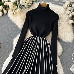 DETAILS: Please refer size chart before choosing Fit & flare silhouette Elastic waist Turtle neck Stretchable SIZE CHART: Size M-US(4-8)- Bust: 31.5"-36" Waist: 27.5"-32" Length: 40.5" Shoulder: 12.5" Sleeve: 22" Size L-US(8-10)- Bust: 32"-37" Waist: 28.5"-33" Length: 41" Shoulder: 12.5" Sleeve: 22" *Take 'US' size from the above size chart & compare it with the below chart for conversion Black Stretch Midi Sweater Dress, Black Stretch Midi Dress For Winter, Winter A-line Ribbed Dresses, Winter Ribbed A-line Dress, Black Ribbed Winter Dress, Black A-line Winter Dress, Black Midi Sweater Dress For Winter, Black Fitted Turtleneck Midi Dress, Black Turtleneck Midi Dress, Fitted