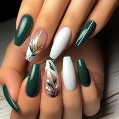 Dark Green Acrylic Nails Designs, Wedding Nails Green, Plant Nail Designs, Classy Almond Nails, Hoco Nails, Pretty Nail Colors, Lavender Nails, Colored Acrylic Nails, Pretty Nail Art Designs