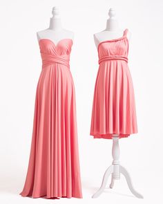 two dresses on mannequins in front of white background