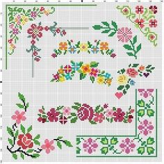 a cross stitch pattern with flowers and leaves on the border, in different colors is shown