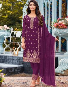 Purple Heavy Fox Georgette Pant Suit Purple Embroidery Thread Work:Arabic Attire #buywomen'ssuitsonline #latestindiansalwarkameez #indianladiessuitdesign #salwarkameezpattern #newsalwarkameez #goldsuitwomens #ladiespantsuitdesigns #newstylesalwarkameez #longsalwarkameezdesigns #cheapsalwarkameezonlinefreeshipping #salwarkameez. #indiansalwarkurta #indianfashionsalwarkameez #latestsalwardesigns #mirrorindianclothes #jacketdesignforladiessuit #indiasuit #salwartops #suitsindia Wine Pants, Suit Purple, Purple Embroidery, Pakistani Boutique, Celana Fashion, Purple Bottom, Pakistani Designer Clothes, Suit Salwar, Georgette Dupatta