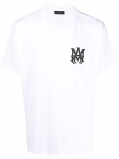 Bright-white/black cotton logo-print short-sleeved T-shirt from AMIRI featuring round neck, logo print to the front, short sleeves and straight hem. Logo Items, Cotton Logo, Logo Print, Printed Shorts, Bright White, Black Cotton, White Undershirt, Print T Shirt, White Black