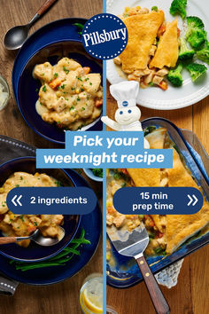 two plates with different types of food on them and the words pick your weeknight recipe below