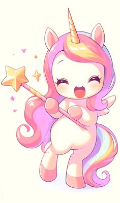 an adorable little pink unicorn holding a star