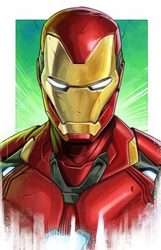 an iron man character is depicted in this digital art style illustration, with green and blue background