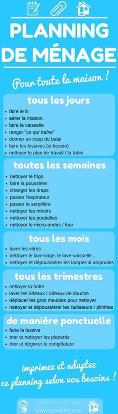 a blue and white poster with the words planning de menage in french on it