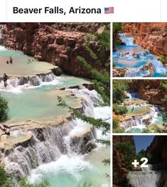 several pictures of waterfalls and people in the water