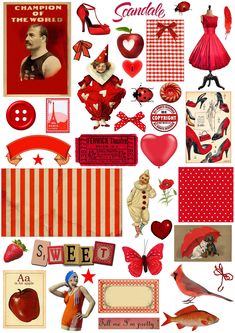 a collage of red and white images with hearts, buttons, pins, tags, and other items