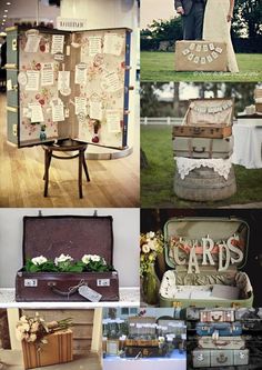 a collage of photos with an old suitcase and wedding pictures on it, including the bride and groom