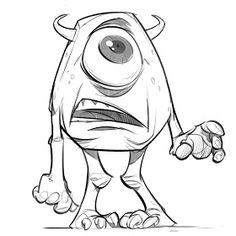 a black and white drawing of an evil looking monster with big eyes, arms and legs