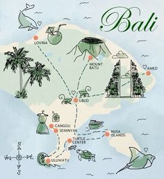 an illustrated map shows the locations of bali and other tropical destinations, including palm trees