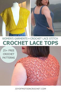 the crochet lace top pattern is shown in three different colors and sizes, including one