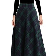 New. Tanming Women's Winter Warm Elastic Waist Wool Plaid A-Line Pleated Long Skirt - This Is A Winter Warm Wool Plaid A-Line Pleated Long Skirt For Women By Tanming. The Skirt Has 2 Pockets And A Zippered Side. The Skirt Has An Elastic Waist And Is Made Of 70% Polyester And 30% Wool. The Lining Is 100% Polyester. It Is Machine Washable And Should Not Be Hand Washed. Green/Blue/Black Plaid. Xsmall Waist Measures 12". Length Is 32.5". Elegant Midi Skirt, Midi Skirt With Pockets, Check Skirt, Pleated Long Skirt, Langer Rock, Long Skirts For Women, Beautiful Skirts, Wool Skirts, Wool Plaid