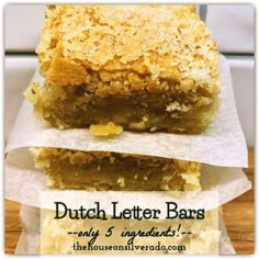 two pieces of cake sitting on top of each other with the title dutch letter bars only 5 ingredients